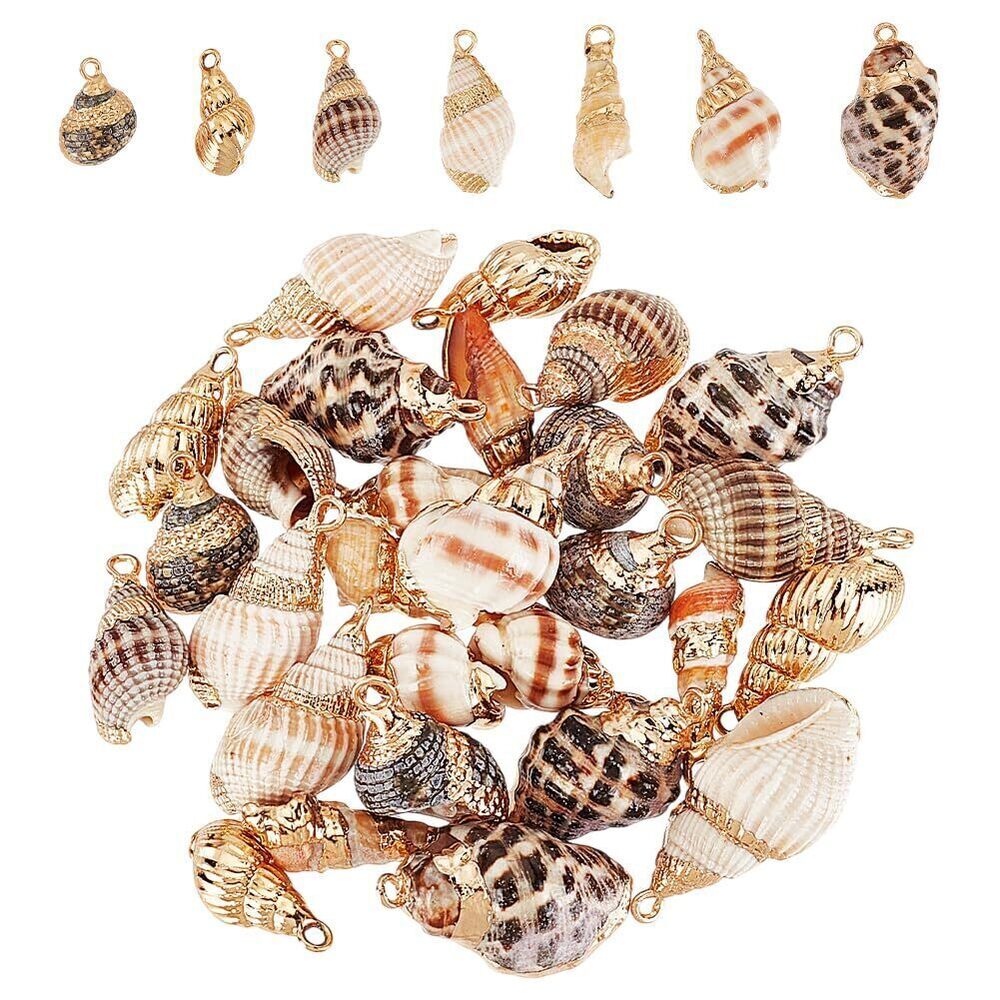 7712 28pcs 7 Styles Natural Spiral Shell Pendants, Electroplated Shell